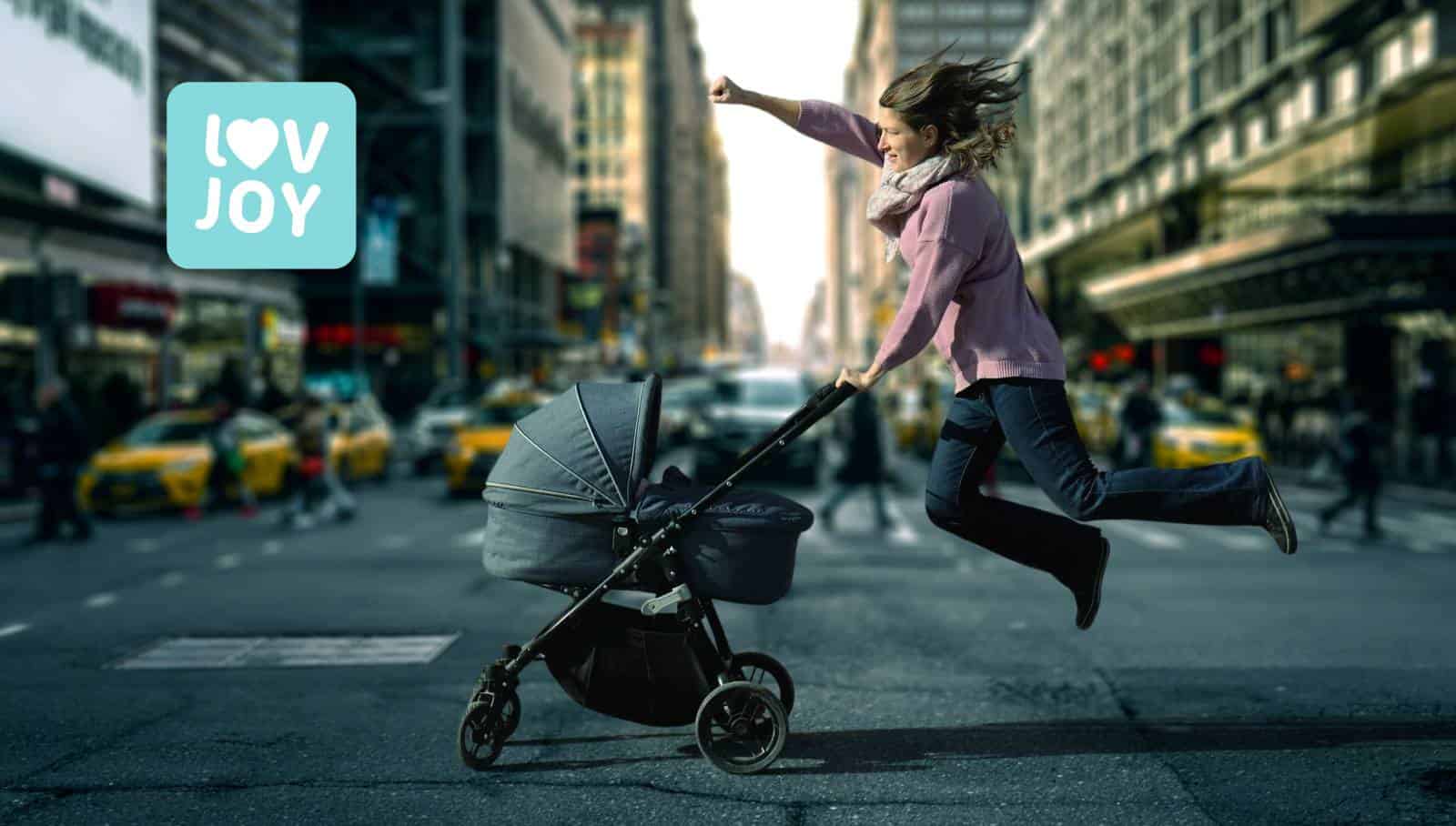super heroine mother flying with newborn stroller